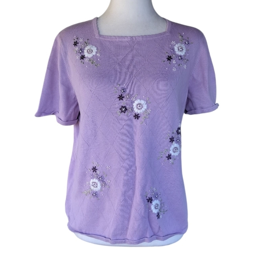 Vintage Alfred Dunner 90's Floral Embroidered Cotton Blend Blouse Size Large P